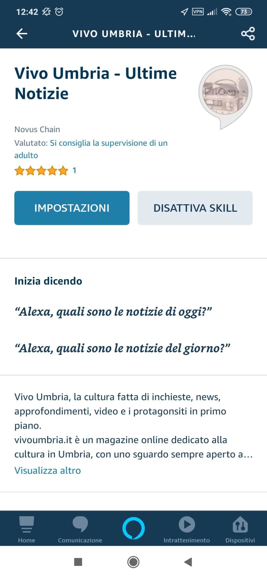 Screenshot Skill per Alexa di Vivo Umbria