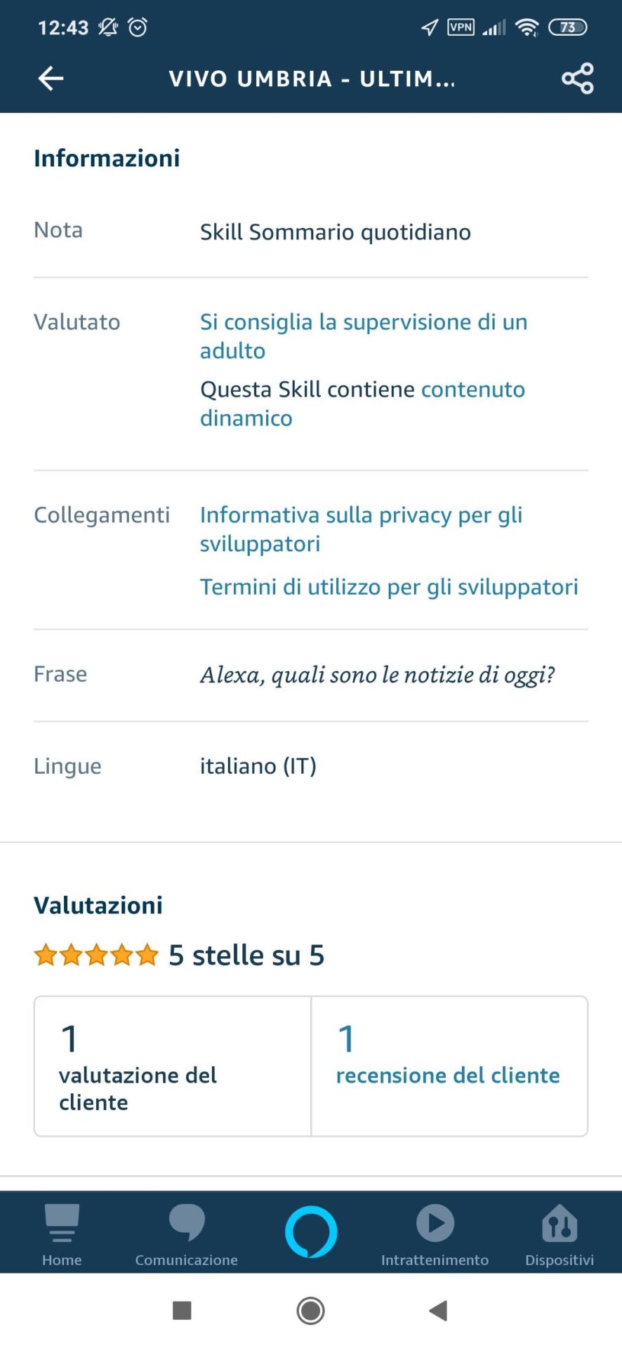 Screenshot Skill per Alexa di Vivo Umbria